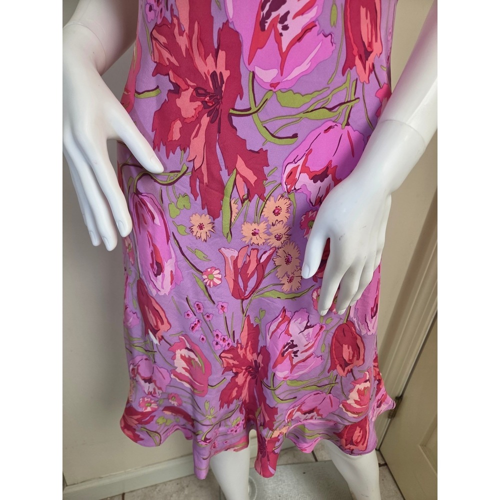 Betsey Johnson Vintage Y2K Pink Floral Silk Slip Dress Ruffle Hem Petite L - Picture 3 of 14